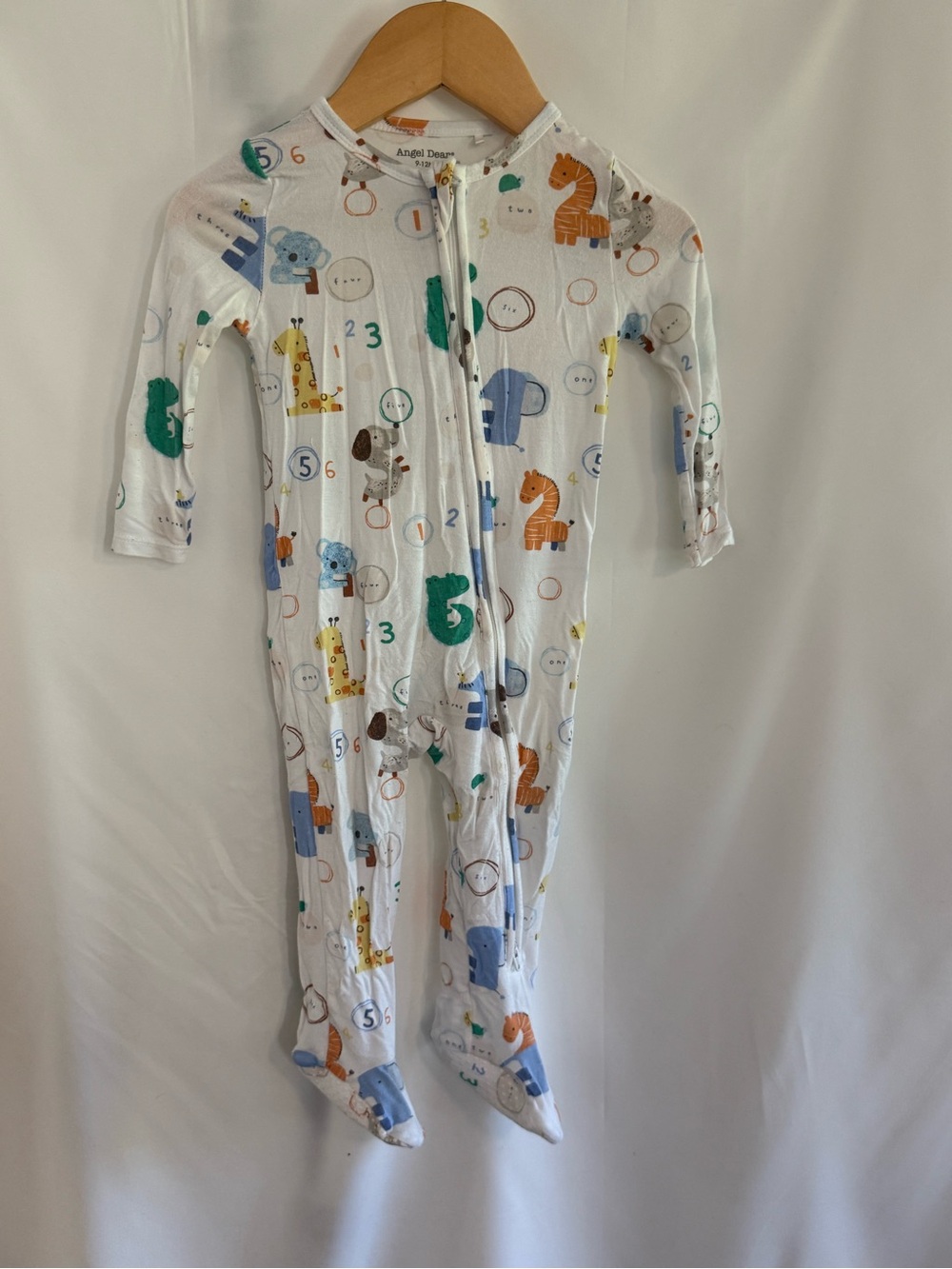 Angel Dear White Footed One-Piece with Multicolor Animal and Number Print